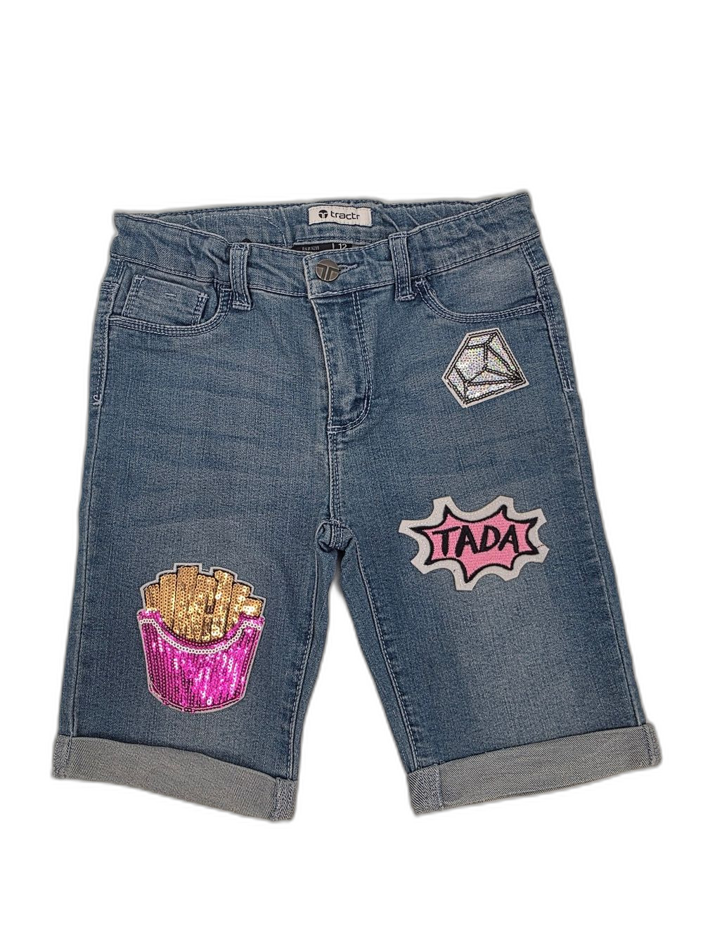 Tractr Girls' Blue Denim Patch-Embellished Shorts Size 12